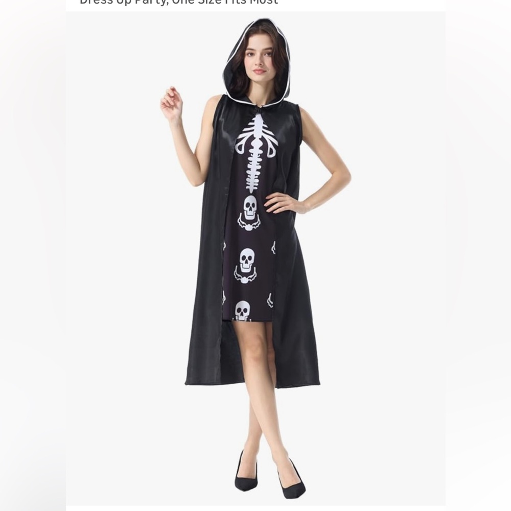 Skeleton Costume, Black Hooded Cape and Sleeveless  Tank Dress- OS fits most